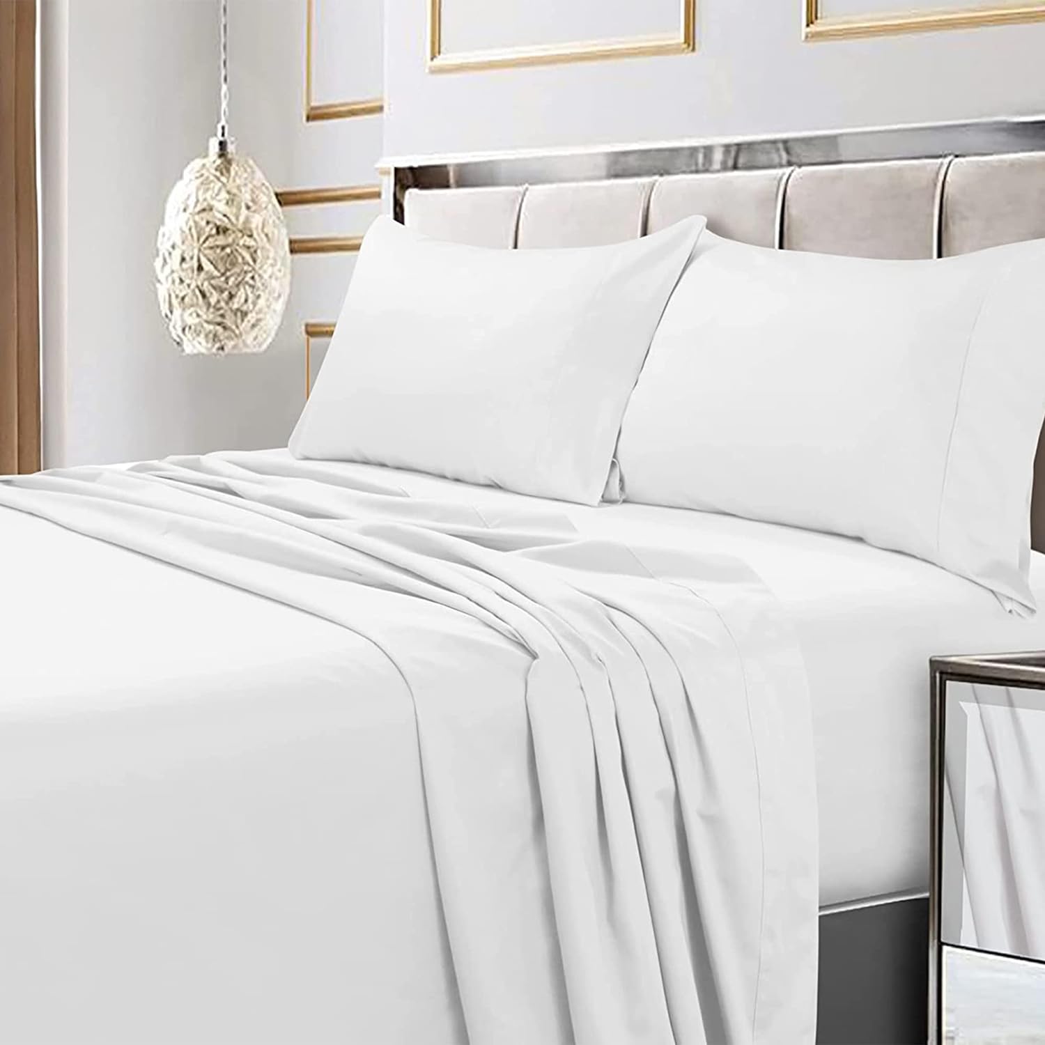 Tribeca Living Bed Soft Egyptian Cotton Sateen Solid Sheets and Pillowcase Set, Deep Pocket, 600 Thread Count, Cal King, White