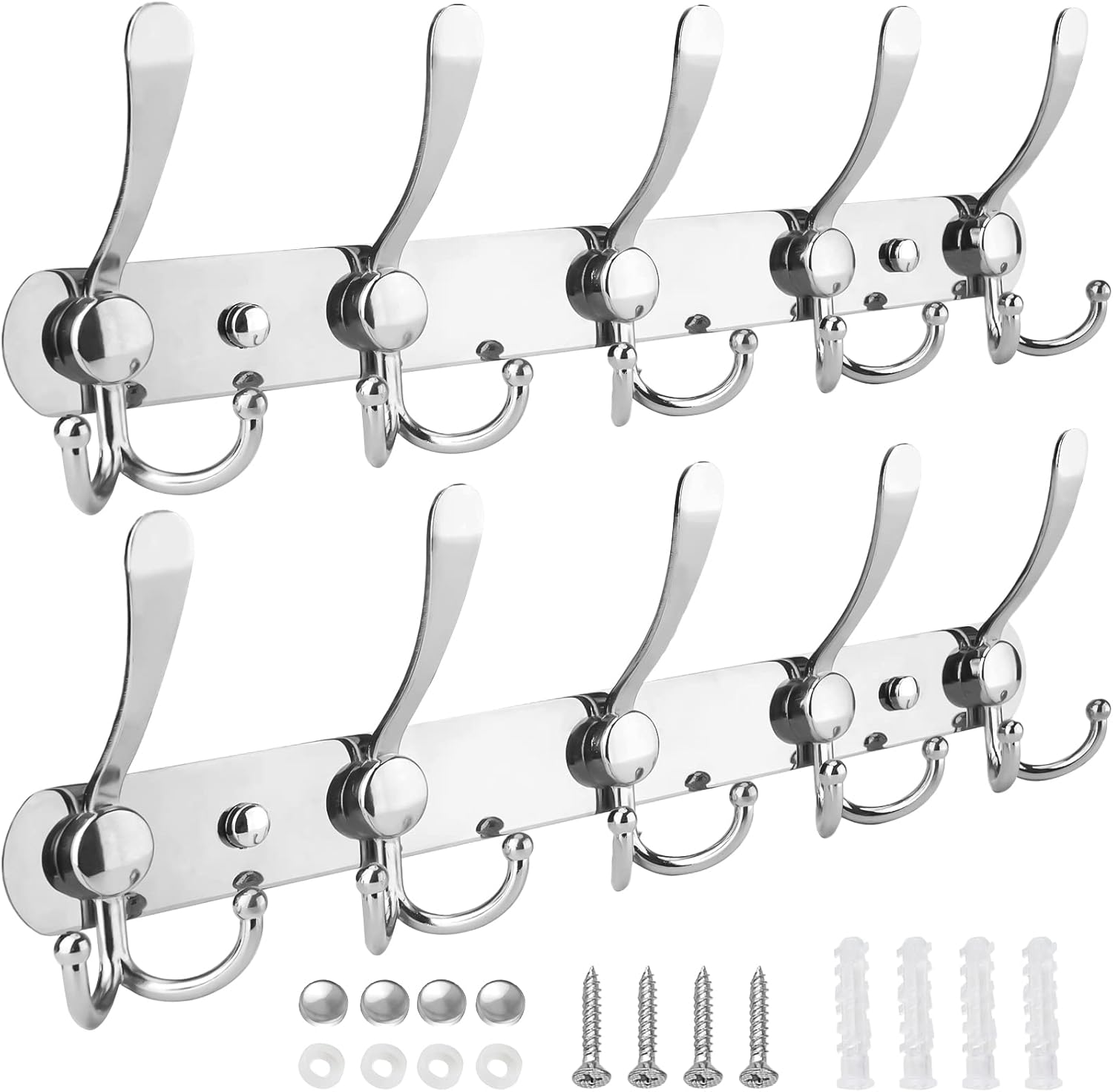 TICONN Wall Mounted Coat Rack, Five Heavy Duty Tri Hooks All Metal Construction for Jacket Coat Hat in Mudroom Entryway (Chrome, 2-Pack)