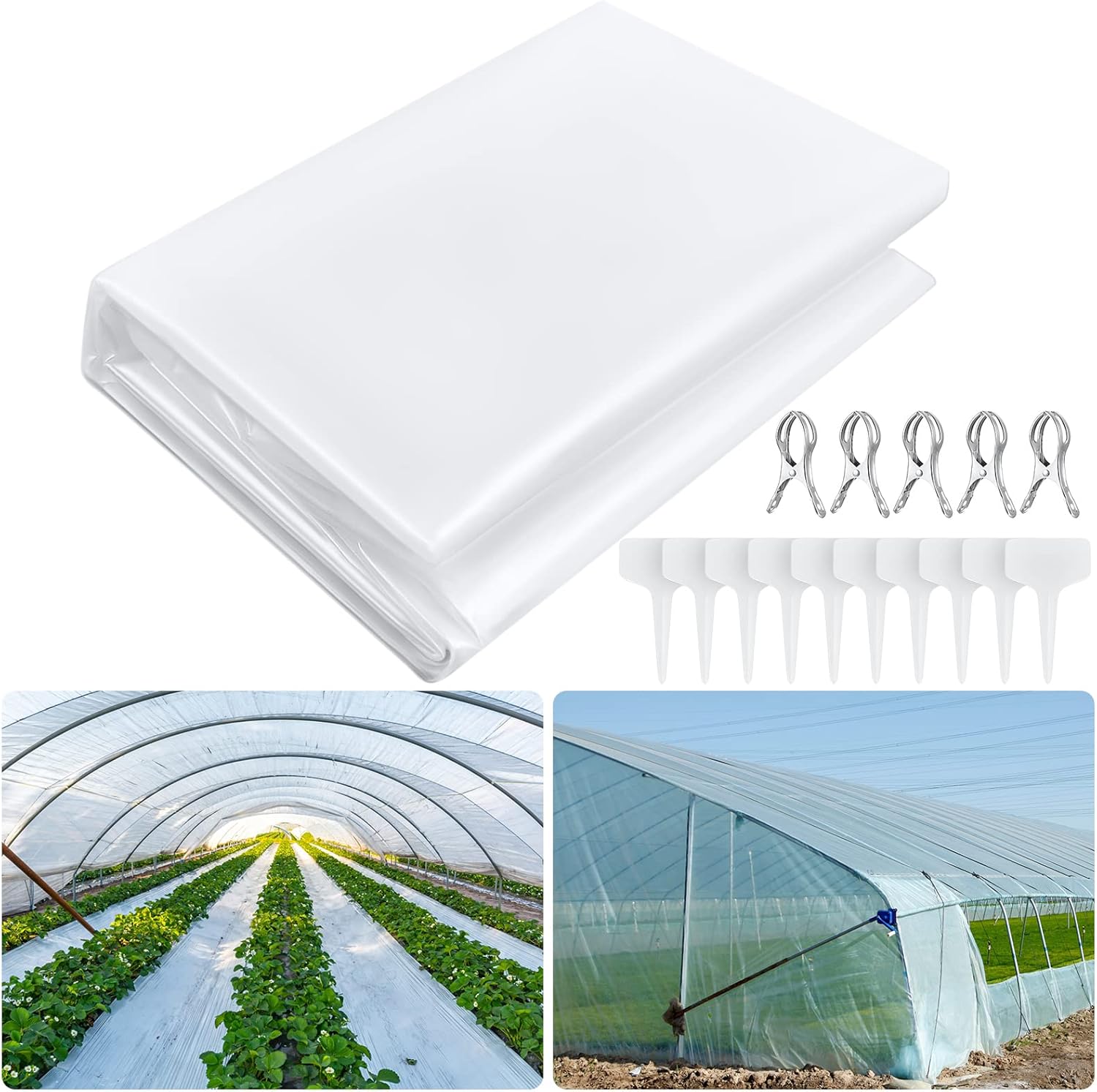 Amylove 12' x 25' Greenhouse Plastic Covering 6 Mil Clear Green House Sheeting UV Resistant Polyethylene Greenhouse Film Including 10 Pcs T Type Plant Tags and 5 Pcs Garden Clips for Farm Garden