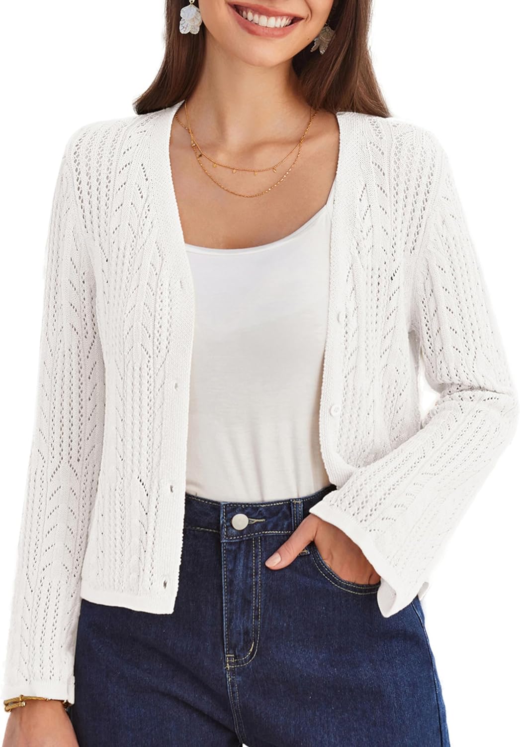 GRACE KARIN Womens Cropped Cardigan Lightweight Crochet Open Front Shrug Sweater Hollow Out V Neck Button Up Bolero Knit Top