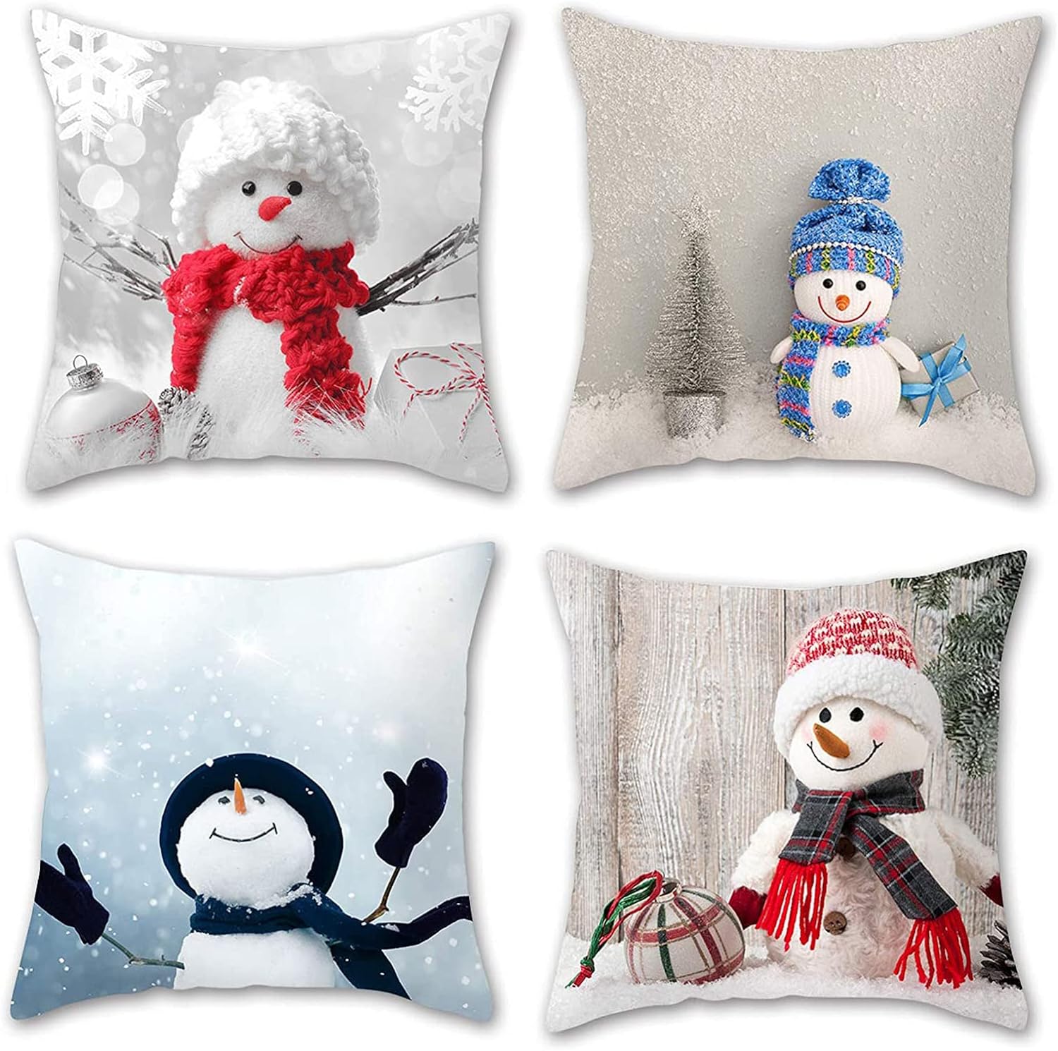 4 Pack Christmas Snowman Throw Pillow Covers 18×18 Inch, Winter Holiday Decorative Couch Pillow Case Set of 4, Home Decorations for Sofa, Bed and Living Room, Square Cute Frosty Cartoon Cushion Cover