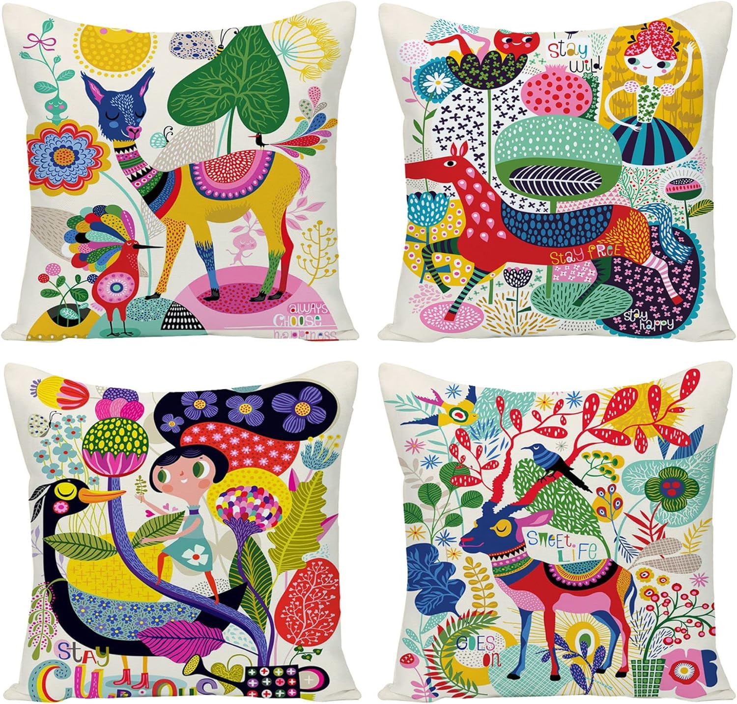 Kids Throw Pillow for Bed Funny Zoom Decorative Throw Pillow Covers Cute Colorful Animal Home Decor Outdoor Cushion Cases for Children Room Sofa Couch 20X20 Set of 4