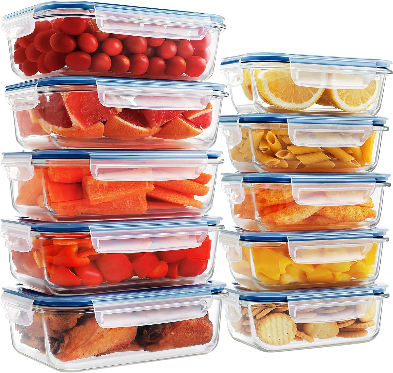 10 Pack Glass Meal Prep Containers, Glass Food Storage Containers with Lids, Airtight Glass Lunch Bento Boxes, BPA-Free & Leak Proof, 36oz & 14oz (10 lids & 10 Containers) - Blue