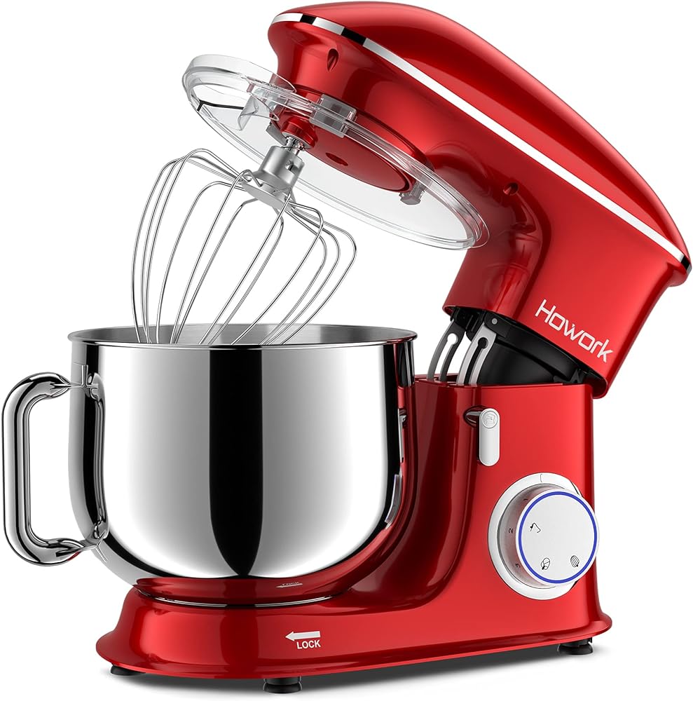 HOWORK 8.5QT Stand Mixer, 660W 6 P Speed Tilt-Head, Electric Kitchen Mixer With Dishwasher-Safe Dough Hook, Beater, Wire Whip & Pouring Shield (8.5 QT, Red)