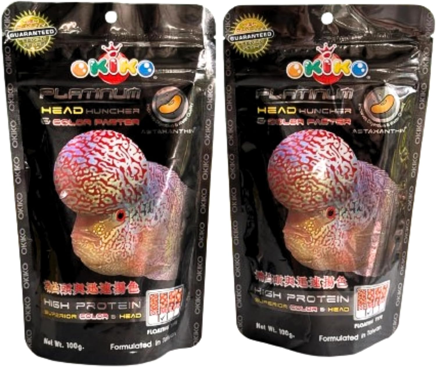 OKIKO Platinum X2, Floating Pellets Size M = 2 MM, FLOWERHORN Fish Food Red Head Mark Formula HIGH Protein Astaxanthin Color Enhancing Tropical Fish Feed Probiotic Healthy Fast Growth