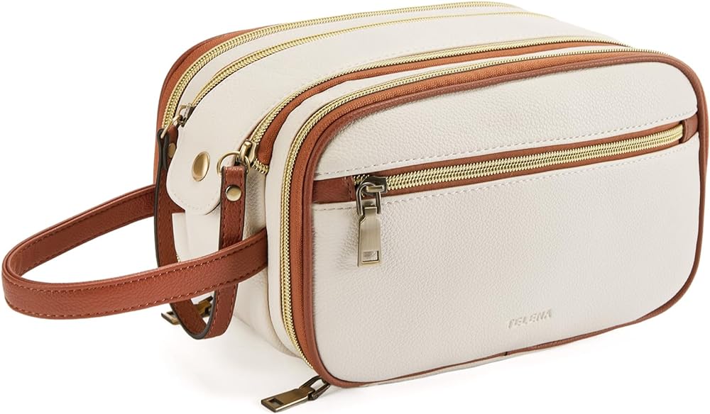 Telena Toiletry Bag Travel Toiletry Cosmetic Makeup Organizer for Women Water Resistant PU Leather Dopp Kit Bathroom Bag for Traveling Beige with Brown