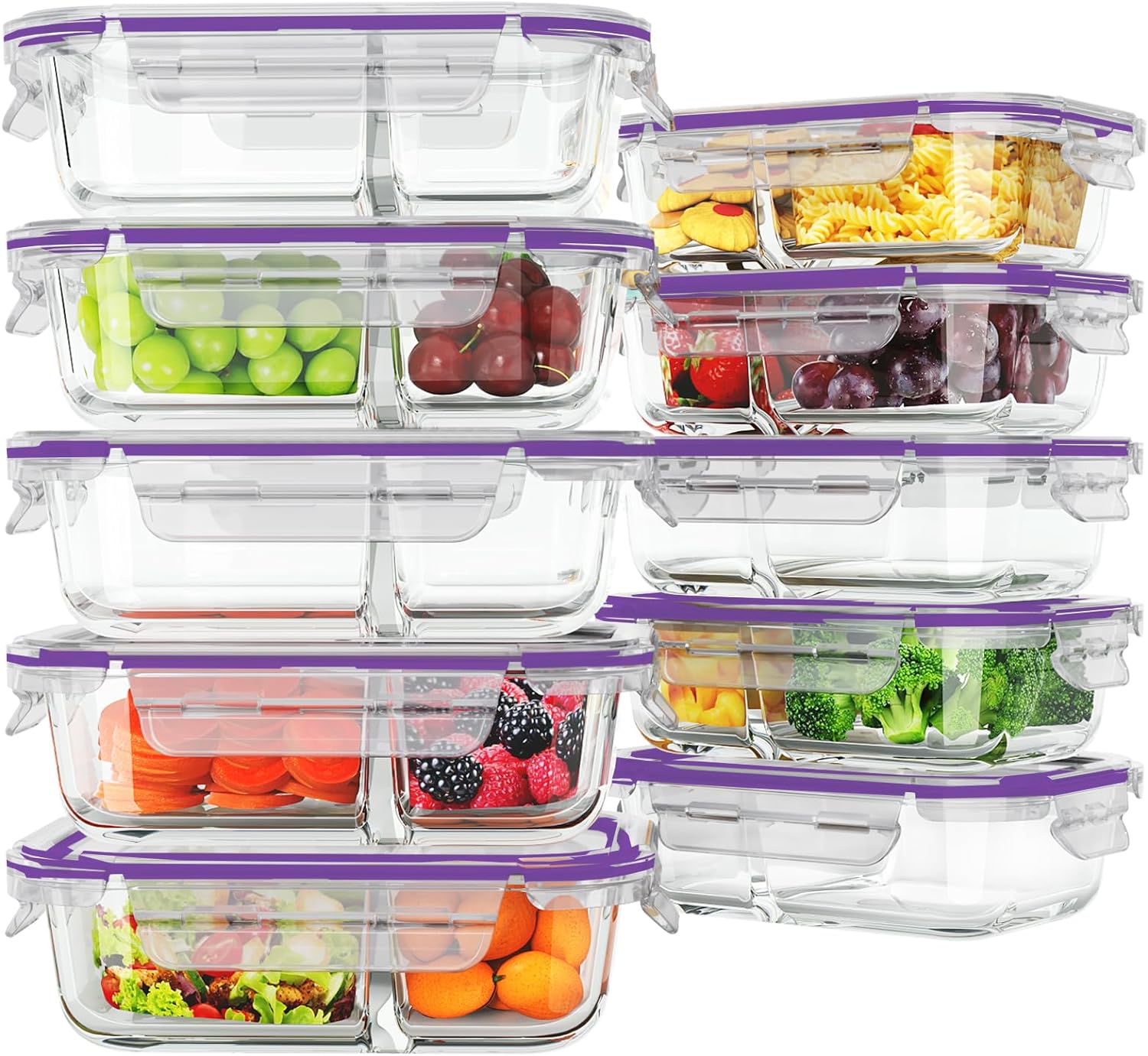 10 Pack Glass Meal Prep Containers 2 Compartment, Food Storage Containers with Lids, Airtight Glass Lunch Bento Boxes, BPA-Free & Leak Proof (10 lids & 10 Containers) - Purple