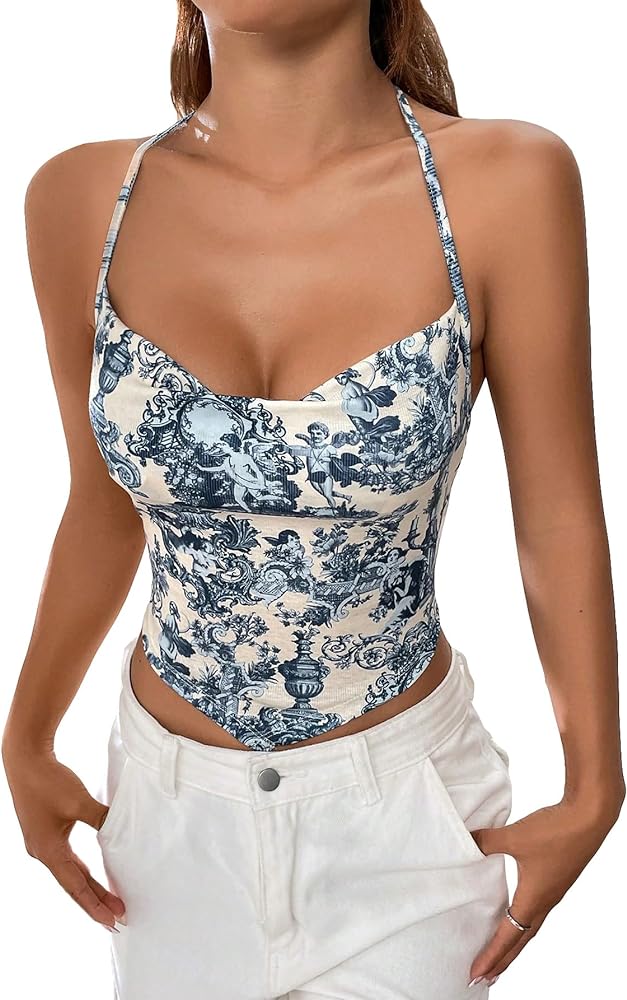 SOLY HUX Women's Floral Angle Print Bandana Y2K Crop Tops Cowl Neck Sleeveless Halter Cami Tops