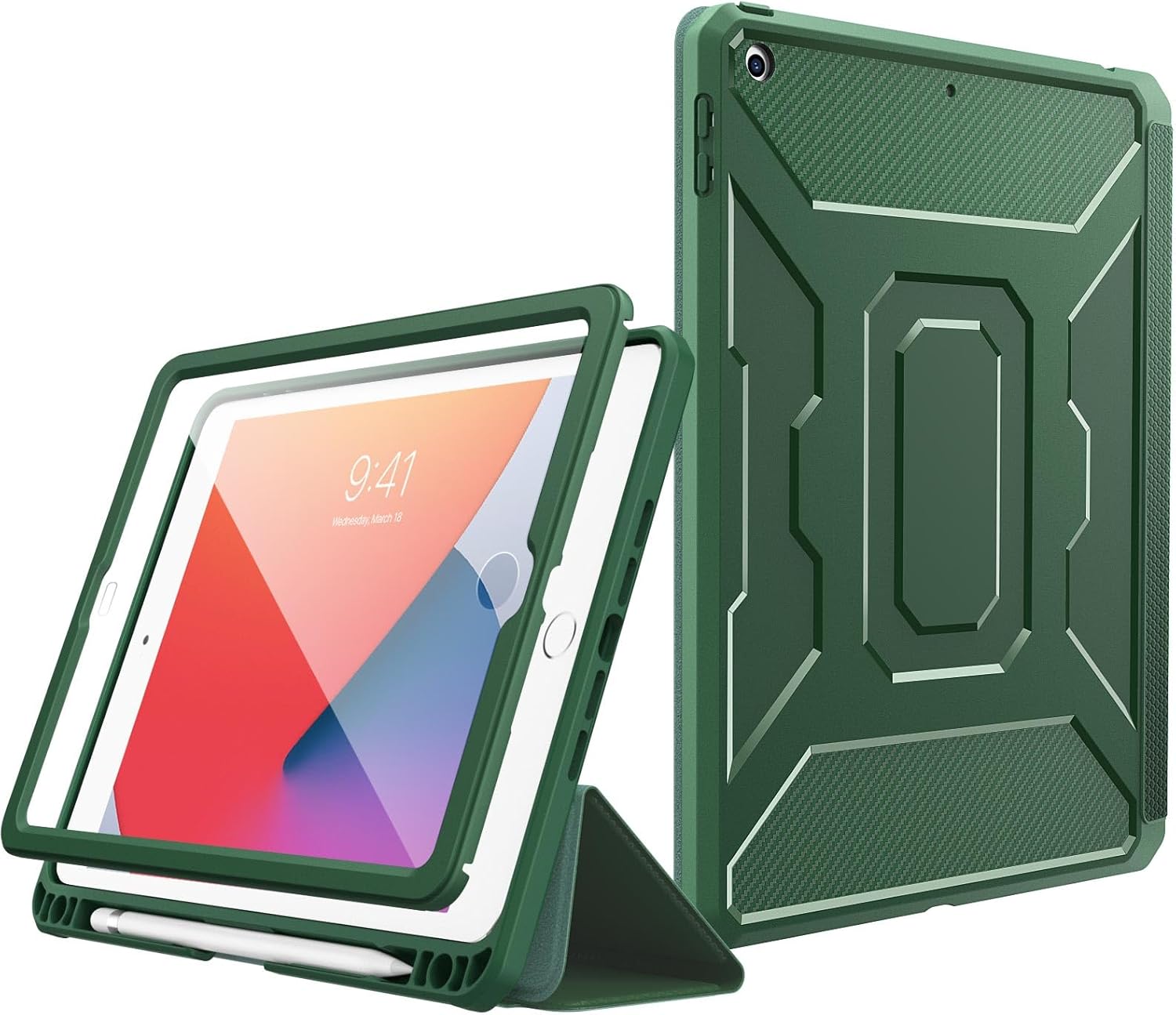 MoKo Case for iPad 9th Generation 10.2 2021 / iPad 8th Gen 2020/iPad 7th Gen 2019, iPad 10.2 Case,[Built-in Screen Protector + Pencil Holder] Full-Body Shockproof Cover,Auto Sleep/Wake, Midnight Green