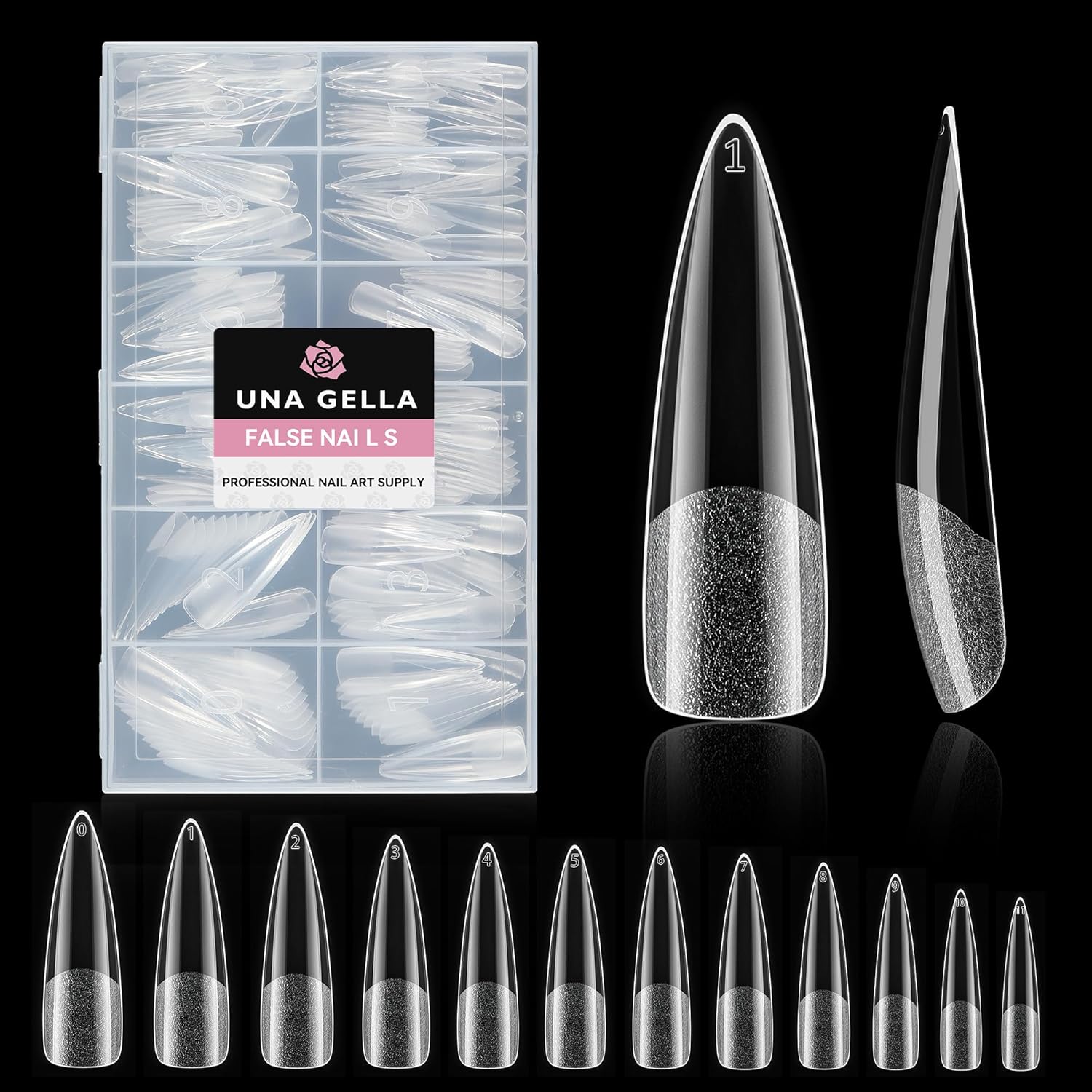 UNA GELLA Extra Long Stiletto Nail Tips, 312pcs XXL Nail Tips Stiletto Pre-shape Half Matte Full Cover Nail Tips No need File Clear Stiletto Fake Nails for Nail Extension DIY Art Salon 12 Sizes