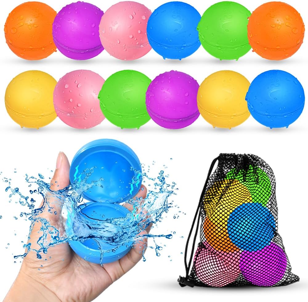 SOPPYCID 12 Pcs Reusable Water Balloons, Pool Beach Water Toys for Boys and Girls, Outdoor Summer Toys for Kids Ages 3-12, Magnetic Water Ball for Outdoor Activities