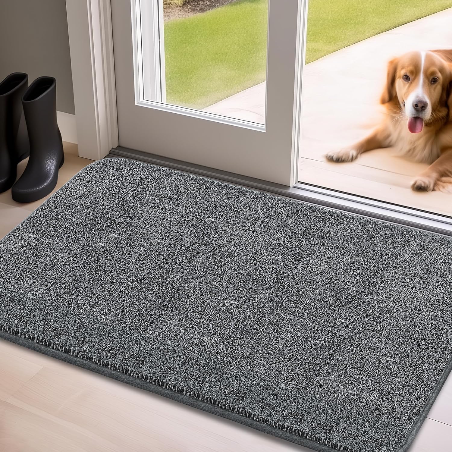 Mibao Door Mat Indoor, 17 x 29.5, Dirt Trapper Entrance Doormat, Non-Slip Low Profile Mat, Dog Door Mat, Super Absorbent Welcome Mat for Front Door, Back Door, Shoe Scraper, Grey