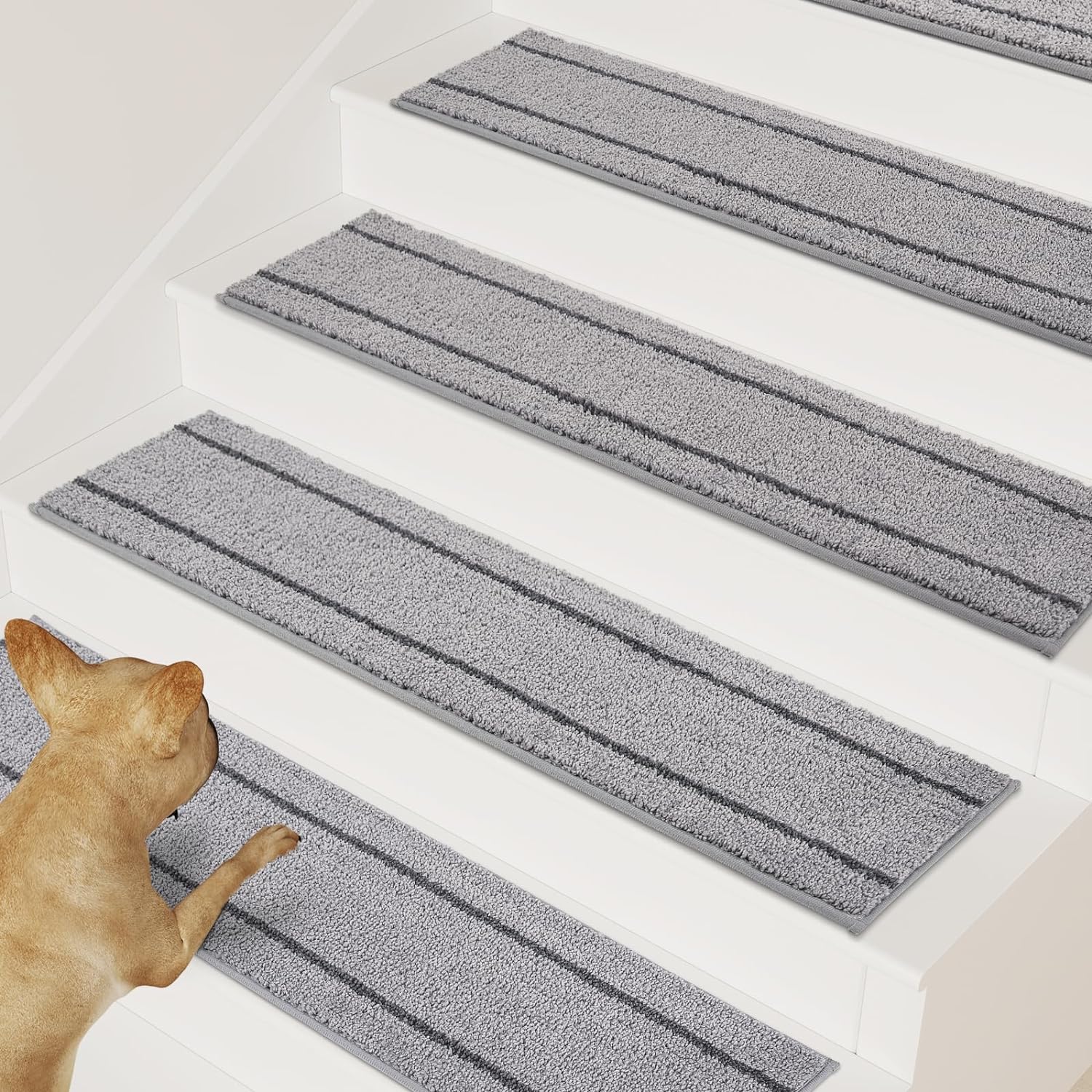 PURRUGS Peel & Stick Self-Adhesive Carpet Stair Treads 8"x30", 4-Pack, Non-Slip Machine Washable Soft Stair Rugs for Wooden and Hard Surface Steps, Safety Stair Covers for Dogs, Kids & Seniors