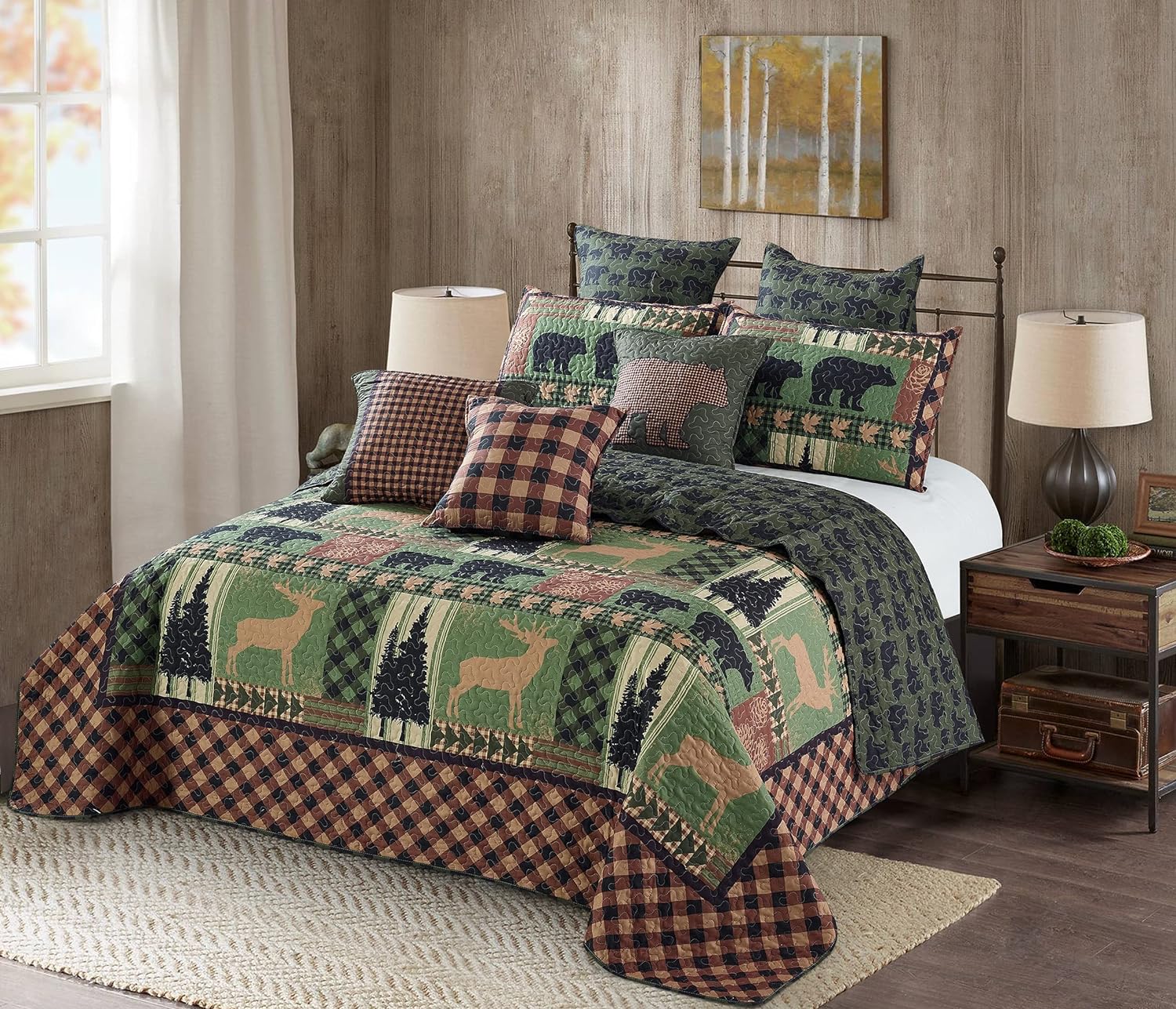 Virah Bella 3 Piece King Cabin Quilt Bedding Set - Autumn Forest - Rustic Country Reversible Patchwork Comforter Set with Decorative Pillow Shams