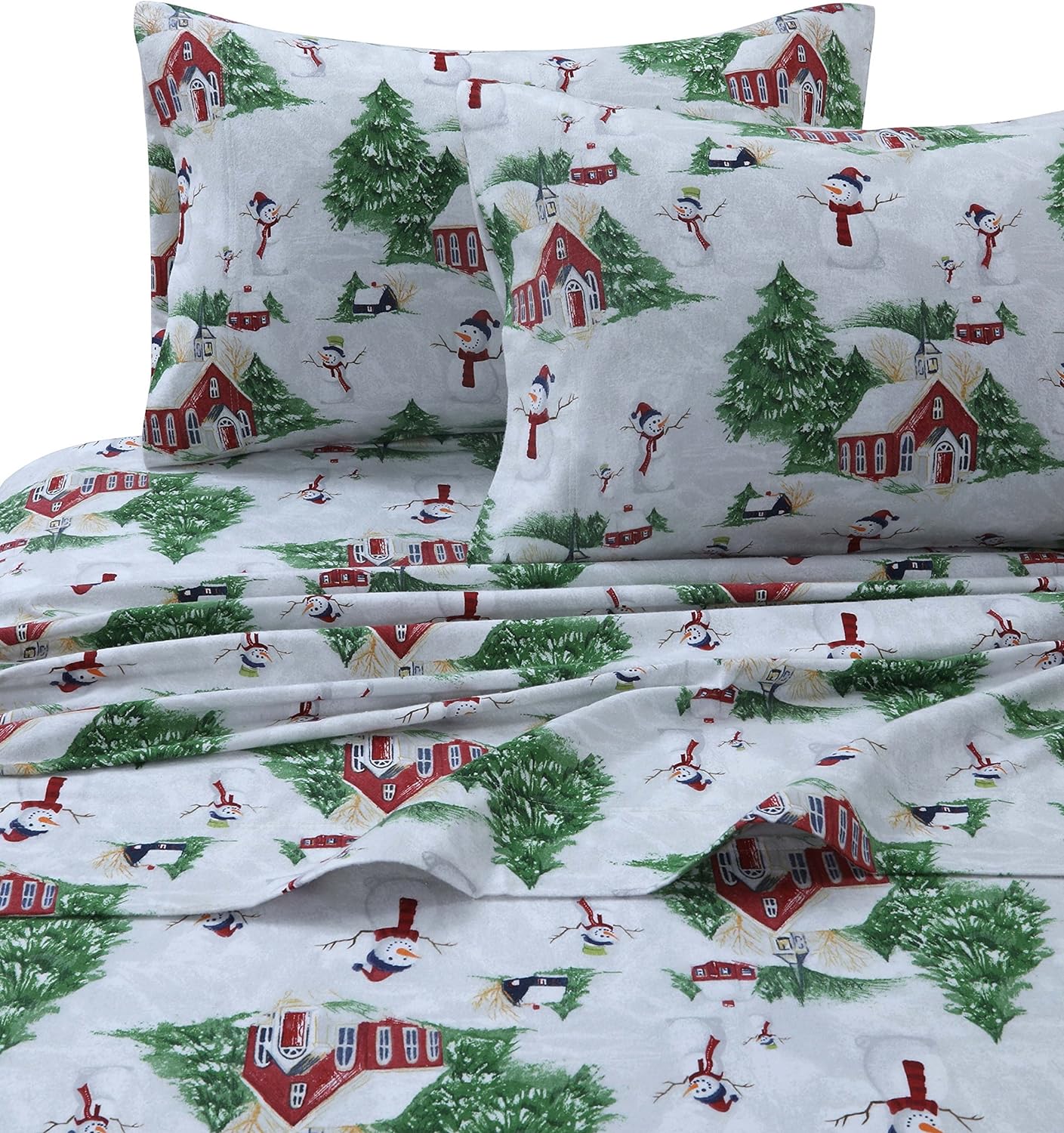 Tribeca Living SNMANSHEETQURG Snowman Red/Green Printed Flannel Deep Pocket Sheet Set, 3 pcs,Queen
