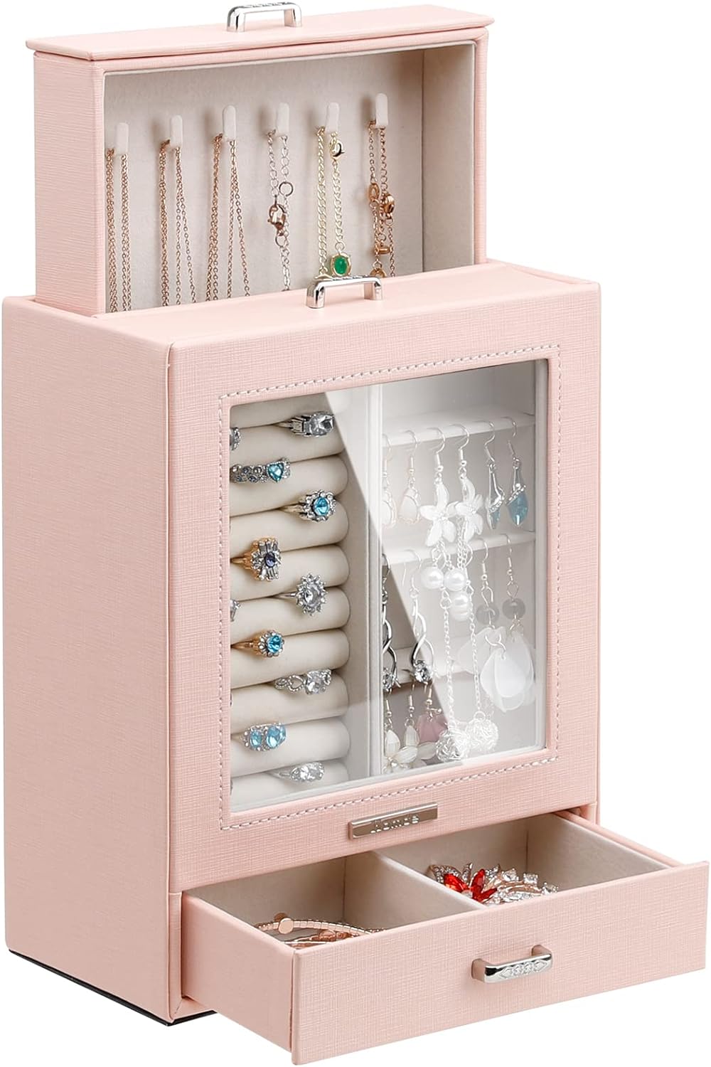 Homde Jewelry Organizer Girls Women Jewelry Box for Necklaces Rings Earrings Gift Jewelry Storage Case (Peach Pink)