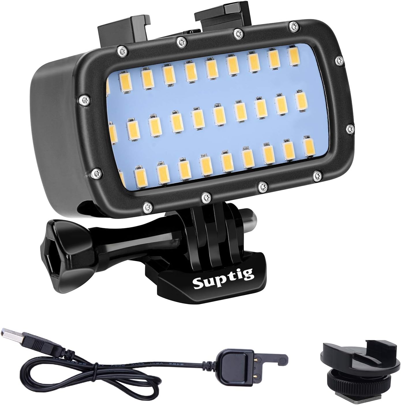 Suptig 30 LED Video Light Waterproof Light Underwater Light for Gopro Hero 12,11,10, 9, 8, 7, 6, 5, 4, 3,2, DJI osmo, Akaso and Canon Nikon Sony Olympus SLR Cameras Waterproof 180ft(55m)