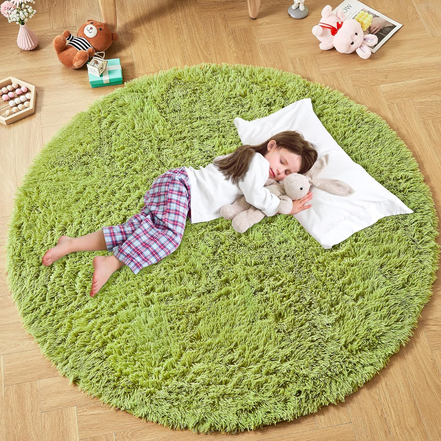 Andency Grass Green Round Area Rug for Bedroom, Soft Shag Circle Rug 6x6 for Kids Room, Fluffy Faux Fur Carpet for Nursery, Circular Fuzzy Plush Rug for Living Room, Playroom