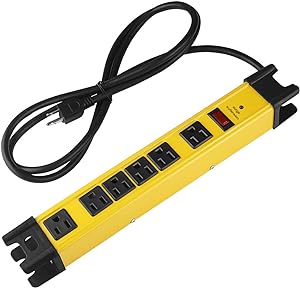 CCCEI Heavy Duty Power Strip Surge Protector with 15A, 6 Outlet Industrial, Shop Workshop Garden Metal Power Strip with 6FT Cord 1200 Joules ETL Listed, Yellow