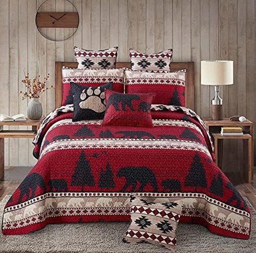 Virah Bella 3 Piece Full/Queen Cabin Quilt Bedding Set - Creekside Bear - Rustic Country Reversible Patchwork Comforter Set with Decorative Pillow Shams