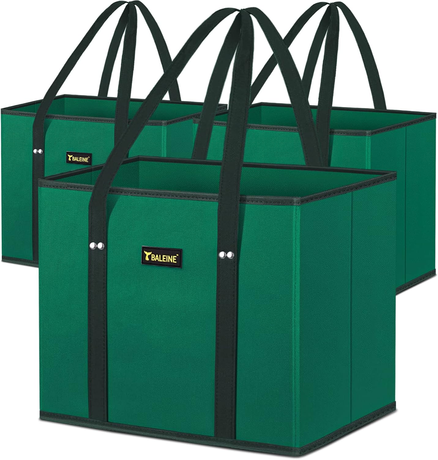 BALEINE 3Pk Reusable Grocery Bags, Foldable Shopping Bags for Groceries with Reinforced Bottom & Handles (Green)