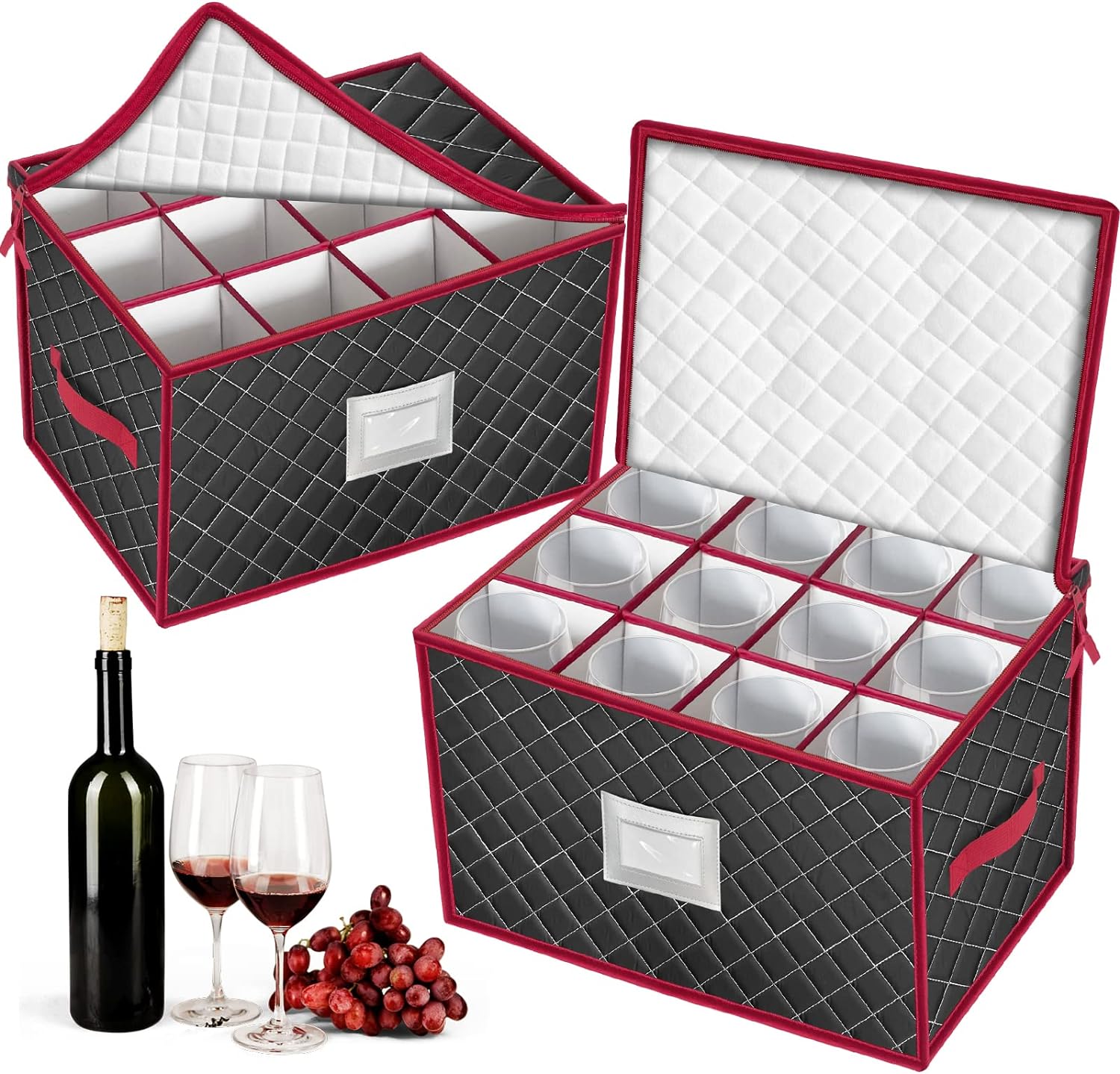 VERONLY Christmas Stemware Storage Cases with Dividers- Holds 24 Wine Glass Storage or Crystal Glassware Containers, China Storage Containers with 2 Handles and Lable Window -Set of 2 Black
