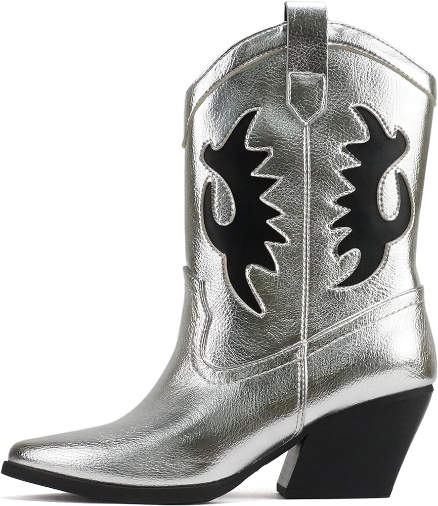 Soda GIGA ~ Women Pointed Toe Cutout Design Pull-On Medium Heel Mid-Calf Western Boot