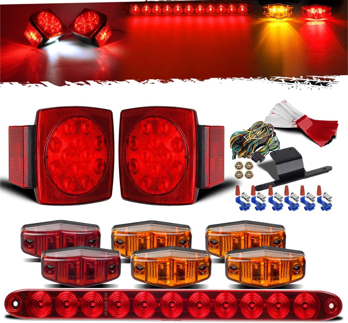 Partsam Submersible Under 80 LED Trailer Light Kit,Square Stop Turn Tail RV Truck Lights w/Wire &Bracket,Red/Amber Side Fender Marker Lamps,3rd Brake ID Light Bar for Camper Truck RV Boat Snowmobile