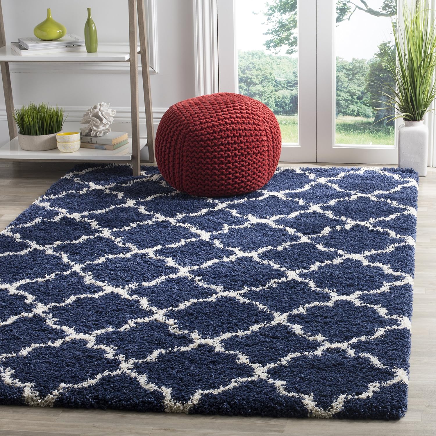 SAFAVIEH Hudson Shag Collection Area Rug - 6' x 9', Navy & Ivory, Moroccan Trellis Design, Non-Shedding & Easy Care, 2-inch Thick Ideal for High Traffic Areas in Living Room, Bedroom (SGH282C)