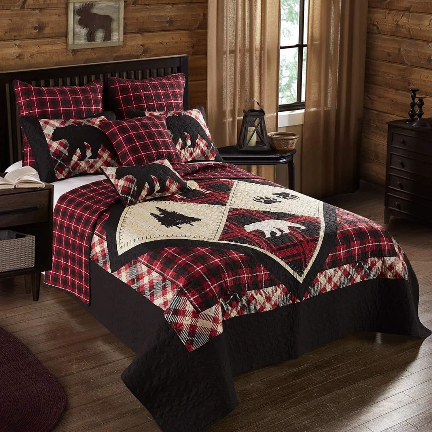 Virah Bella 3 Piece Queen Lodge Quilt Bedding Set - Diamond Bear Lodge - Rustic Cabin Country Reversible Camping Comforter Set with Decorative Pillow Shams, Burgundy/Black