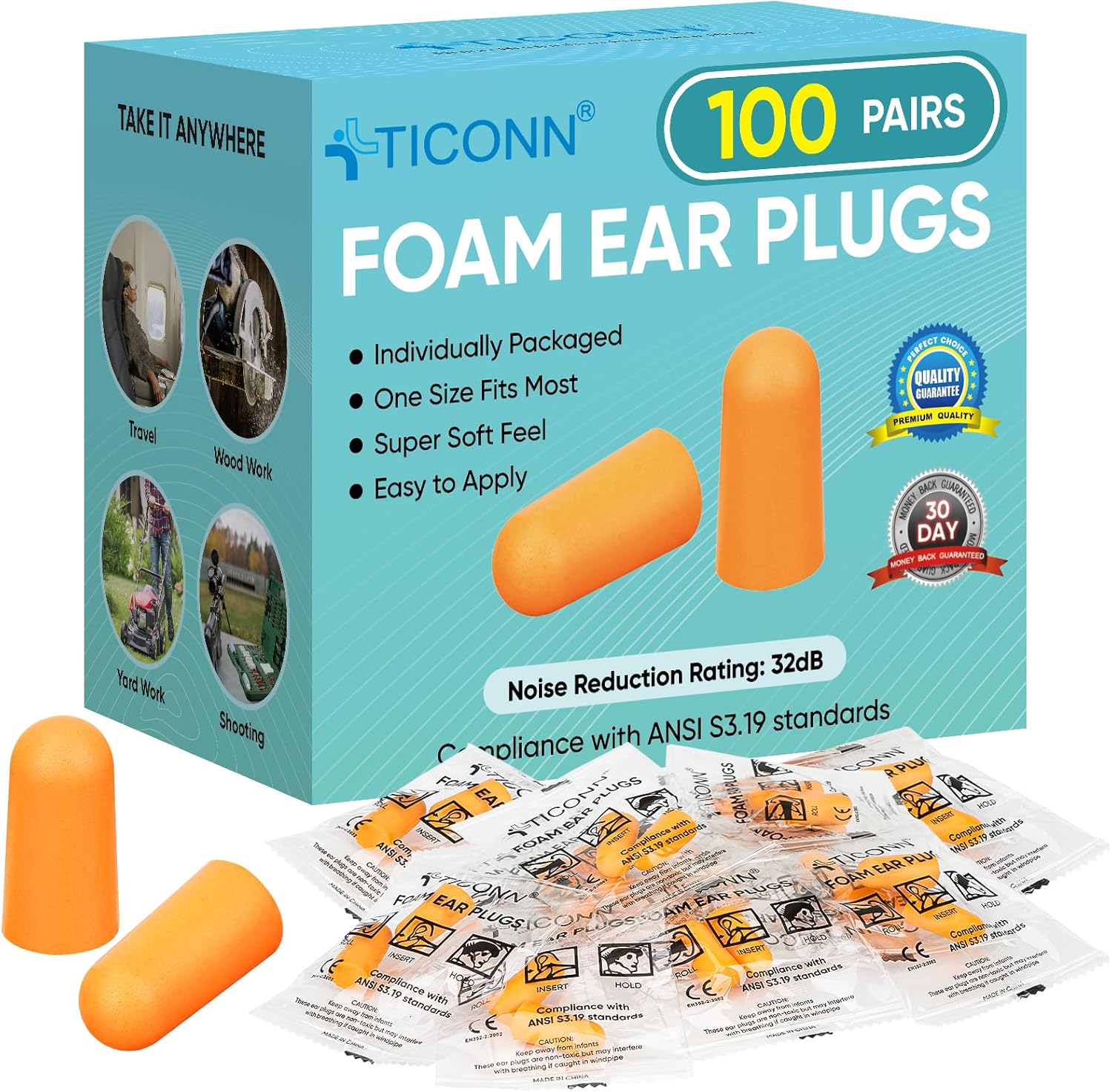 TICONN 100 Pairs Ear Plugs, 32dB Noise Reduction Earplugs for Sleeping Hearing Protection Travel Study Concentration Construction Site (100 Pairs)