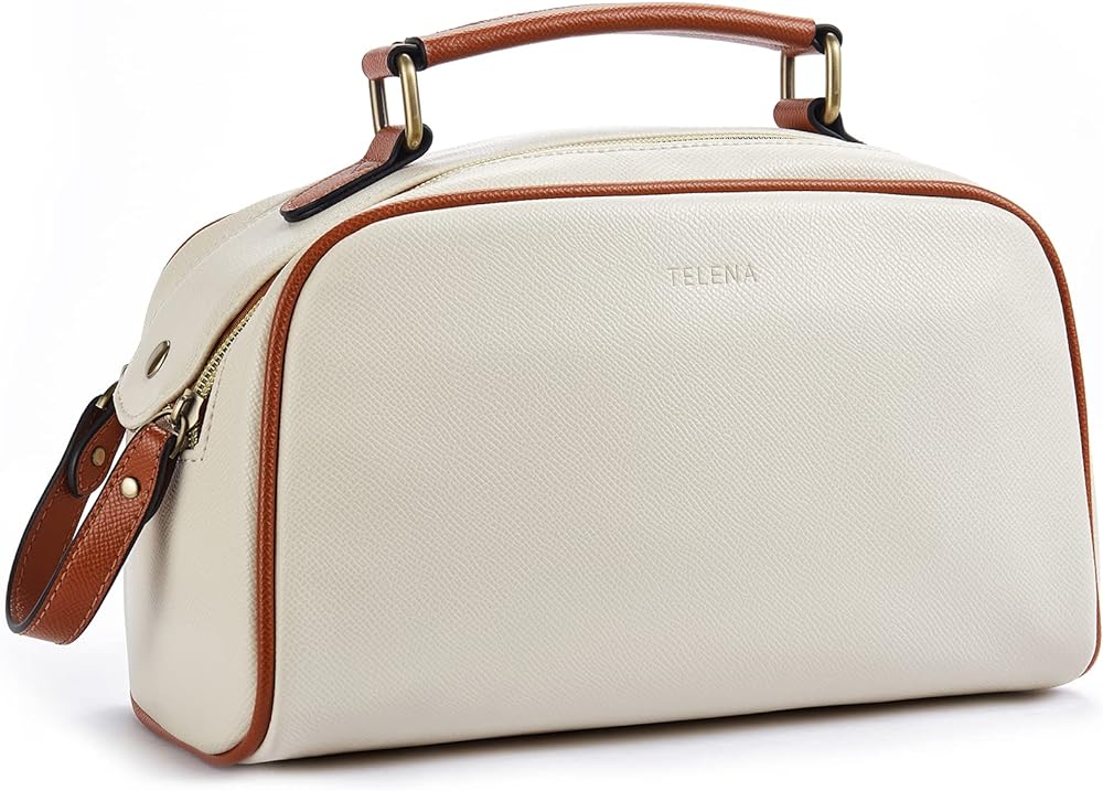 Telena Travel Toiletry Bag Makeup Cosmetic Bags for Women Waterproof PU Leather Toiletry Organizer Portable Large Capacity Beige with Brown