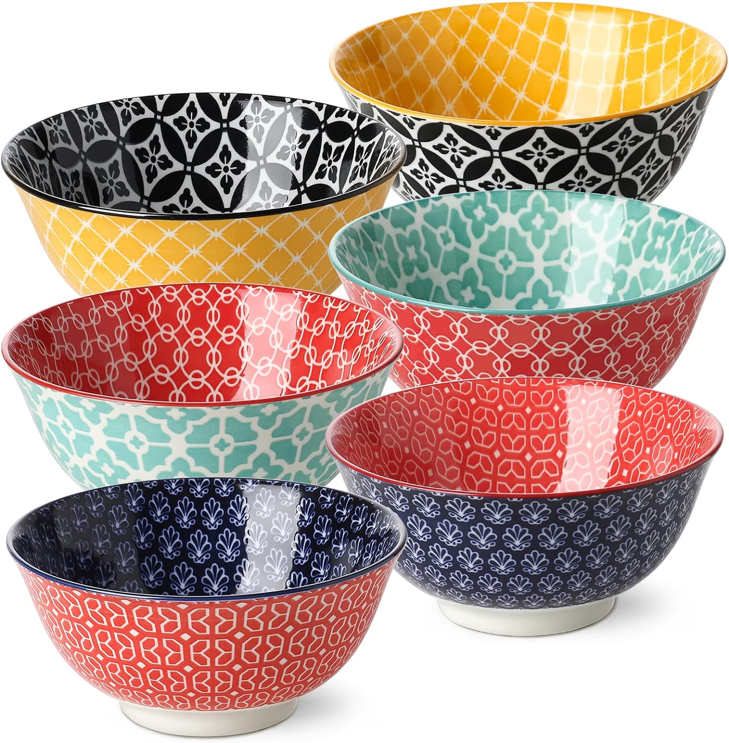 DOWAN 23 OZ Colorful Bowls Set of 6 - Ceramic Bowls for Soup, Cereal, Fruit - Vibrant Patterned Porcelain Bowls for Kitchen Decor & Housewarming Gift - Dishwasher & Microwave Safe