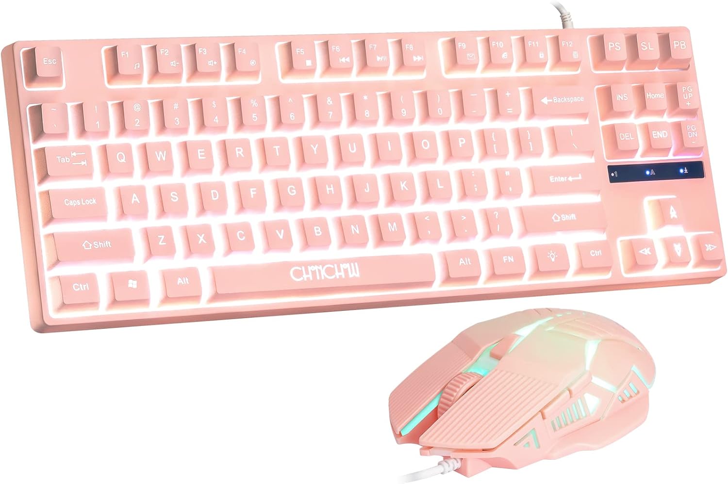 Gaming Keyboard and Mouse Pink Keyboard with White LED Backlit,CHONCNHOW 87keys Creamy PBT Key Cute Small Gaming Keyboard Mic 4D 3600DPI for PC Laptop Xbox Ps4/Mac OS/Gamer(Wired)