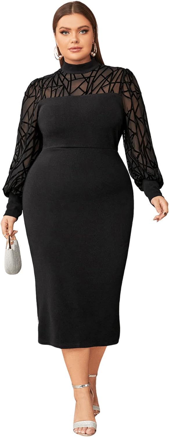 WDIRARA Women' Plus Size Mesh Bishop Long Sleeve Mock Neck Split Back Maxi Dress