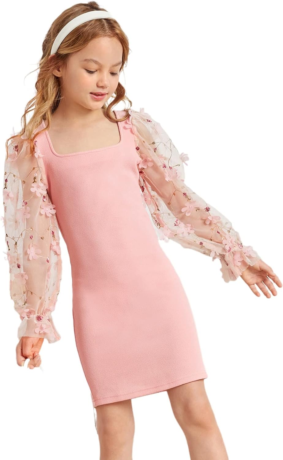 WDIRARA Girl' Sheer Mesh Flounce Long Sleeve Appliques Square Neck Dress