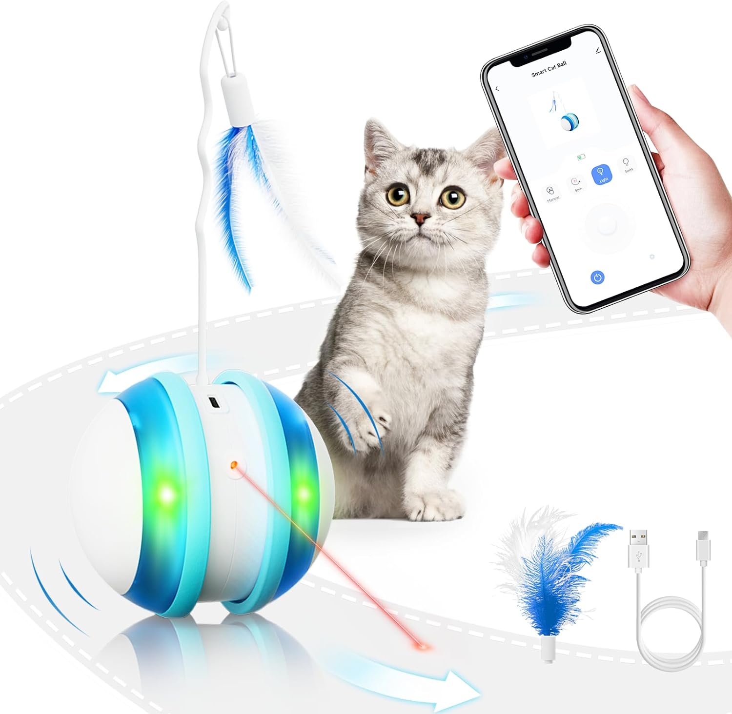 VARY Smart Interactive Cat Toy with App Control, 3 Modes, Laser and Feather, USB Rechargeable, Fun and Interactive cat Toys for Indoor Cats and Large Cats and Dogs. (Cat Toy, Automatic Cat Toys)