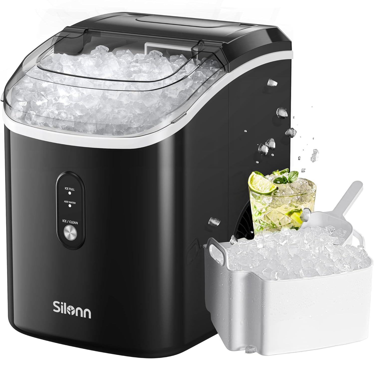 Silonn Nugget Ice Maker Countertop - 33lbs/24H, Pebble Ice Maker Machine with Self-Cleaning Function, Portable Ice Makers for Home Kitchen Office