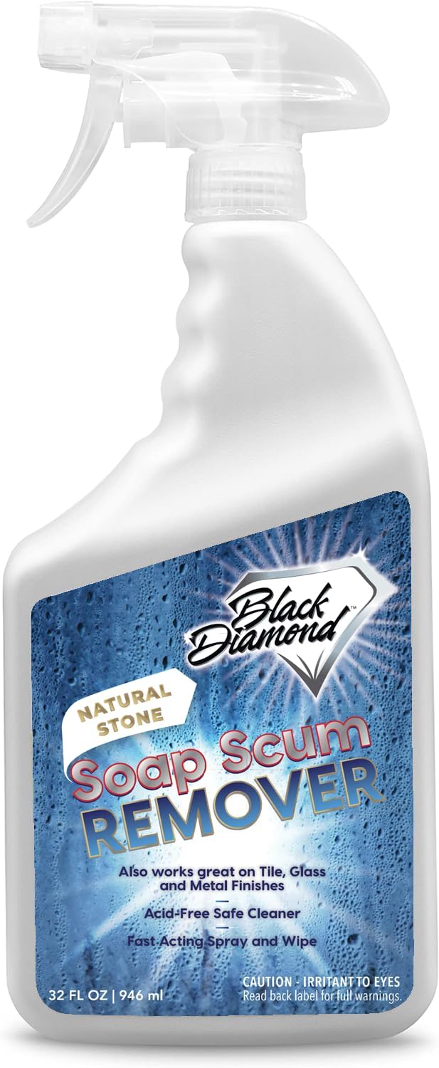 Black Diamond Stoneworks Natural Stone Shower Soap Scum Remover Spray. For Cleaning Bathtubs, Glass Doors, Tubs, Travertine, Marble, Tile. Heavy Duty, Safe Acid-Free Cleaner. Safe for fixtures.