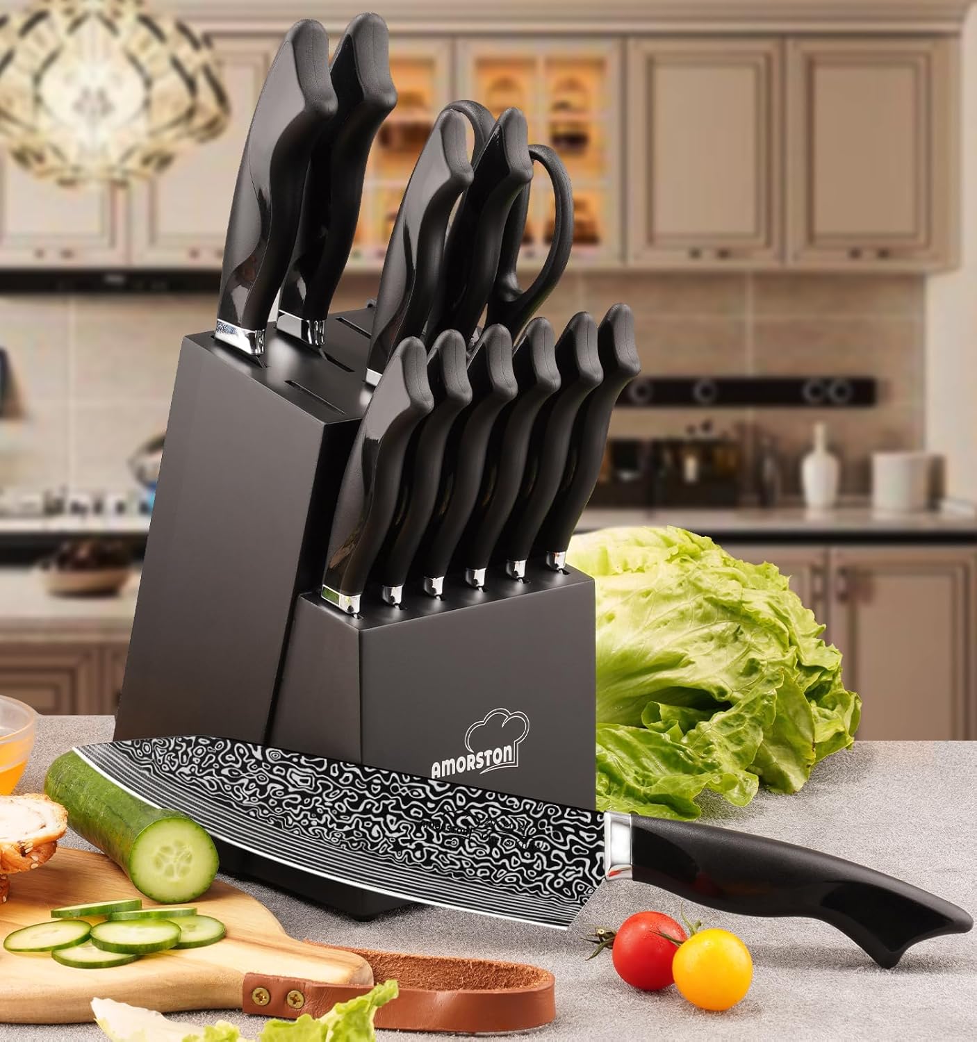 Knife Set, 15 Pieces Kitchen Knife Set with Built in Sharpener, High Carbon German Stainless Steel Knife Block Set, Dishwasher Safe