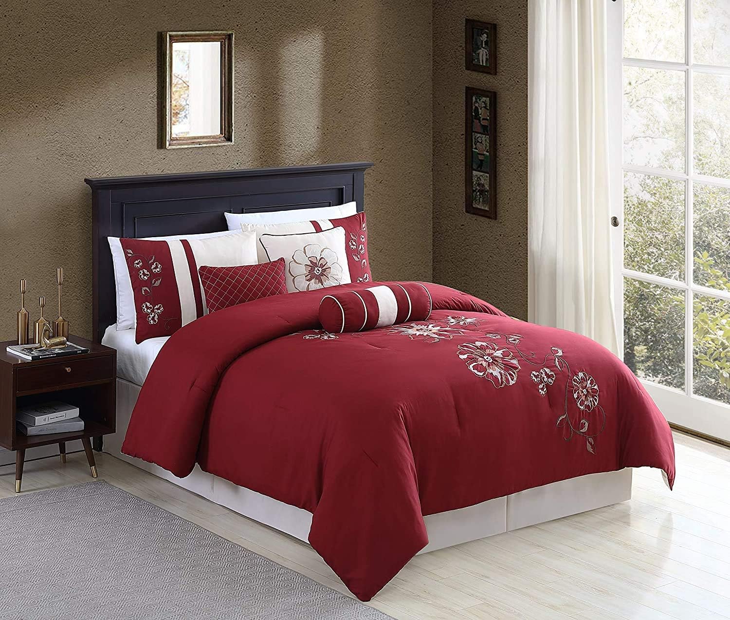 Chezmoi Collection Miranda 7-Piece Red Floral Hibiscus Embroidery Beige Comforter Bedding Set, Queen