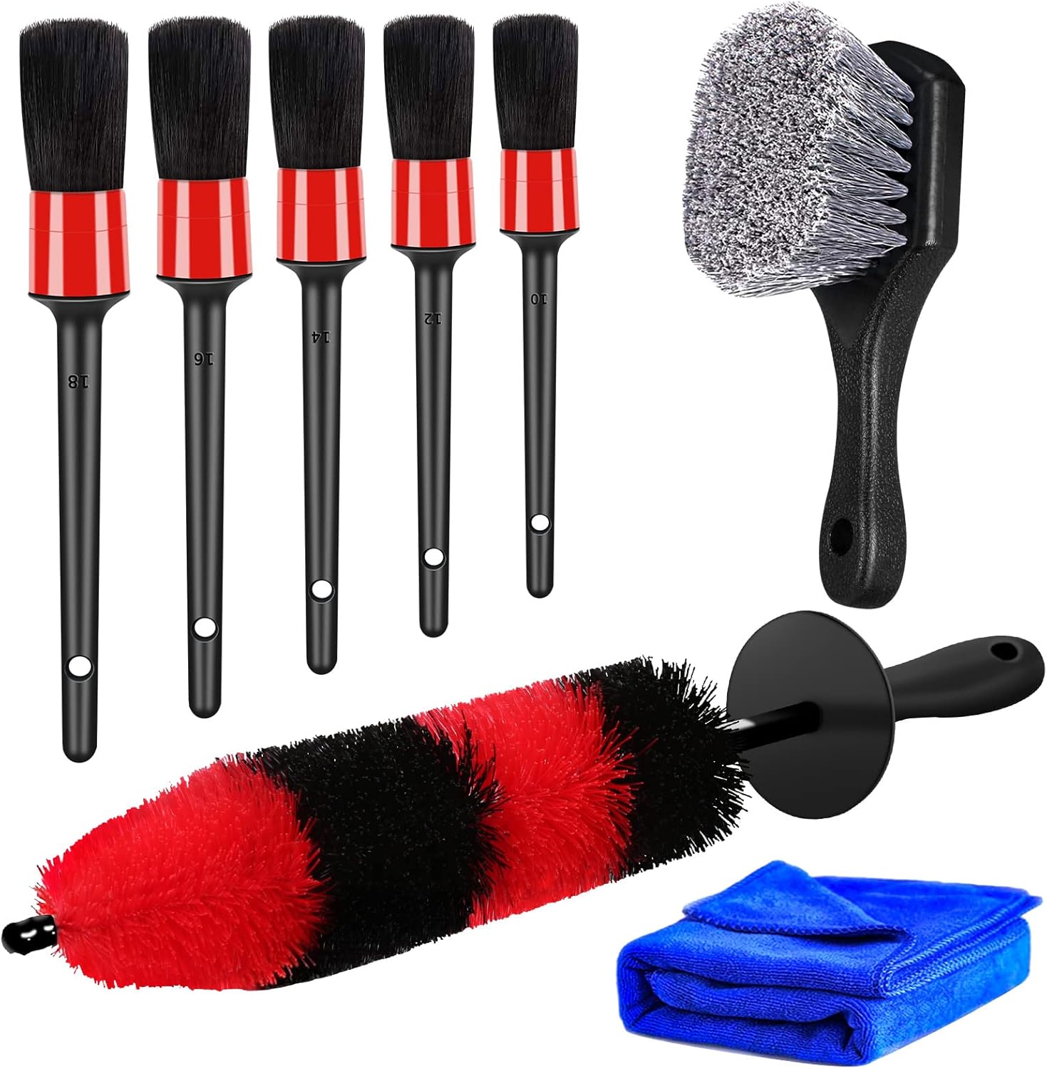 8pcs Car Wheel Brush Set, Car Detailing Kit Include 17 Long Soft Wheel Brush, Tire Brush, 5 Car Detailing Brushes, Car Towel, Wheel Brush Kit for Tire and Rim Cleaning Dirt Without Scratch Car