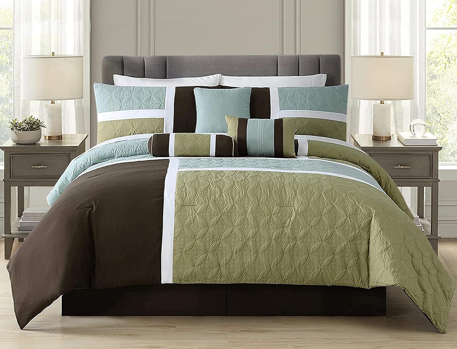 Chezmoi Collection 7-Piece Quilted Patchwork Comforter Set, Coffee Brown/Aqua Blue/Sage Green, King