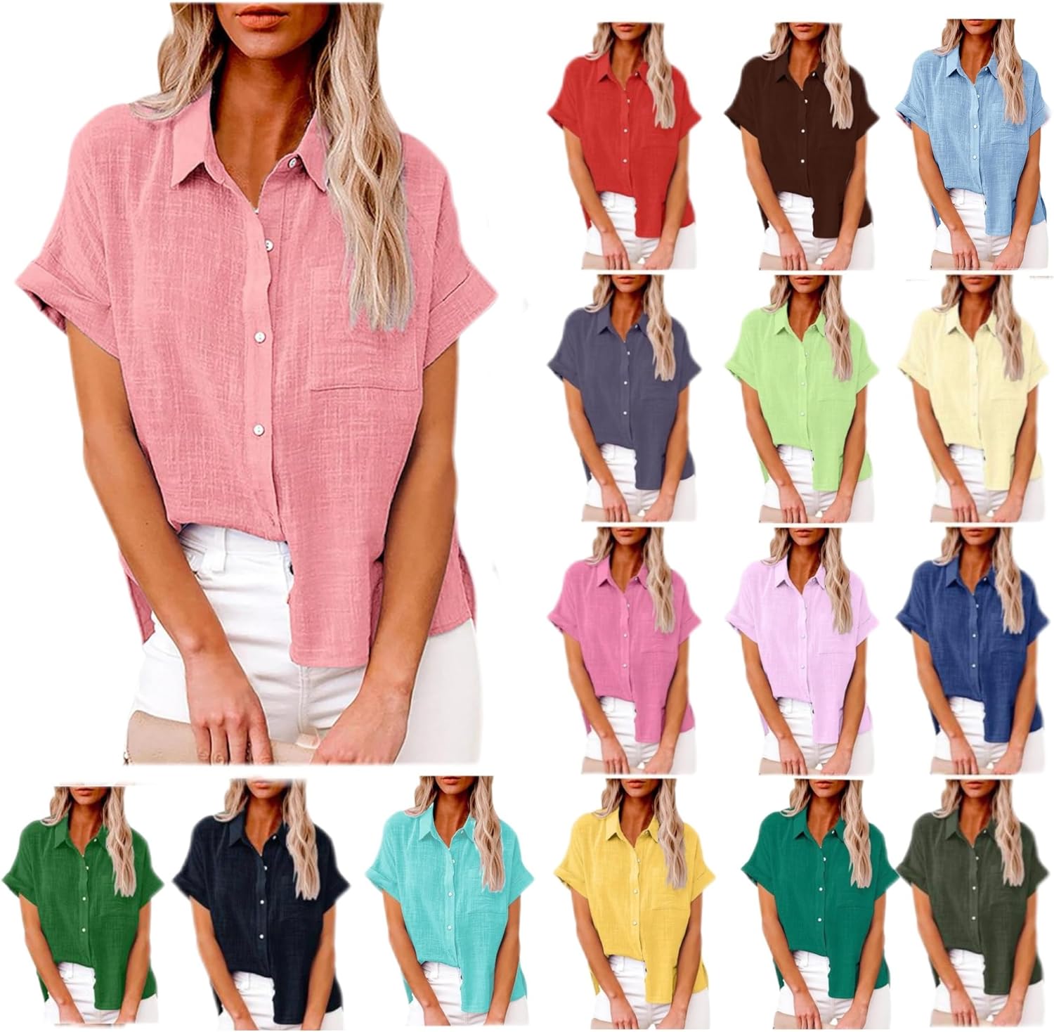 DASAYO Linen Shirts for Women Trendy Short Sleeve Collared Button Down Solid Ladies Tops and Blouses Summer Clothes 2024