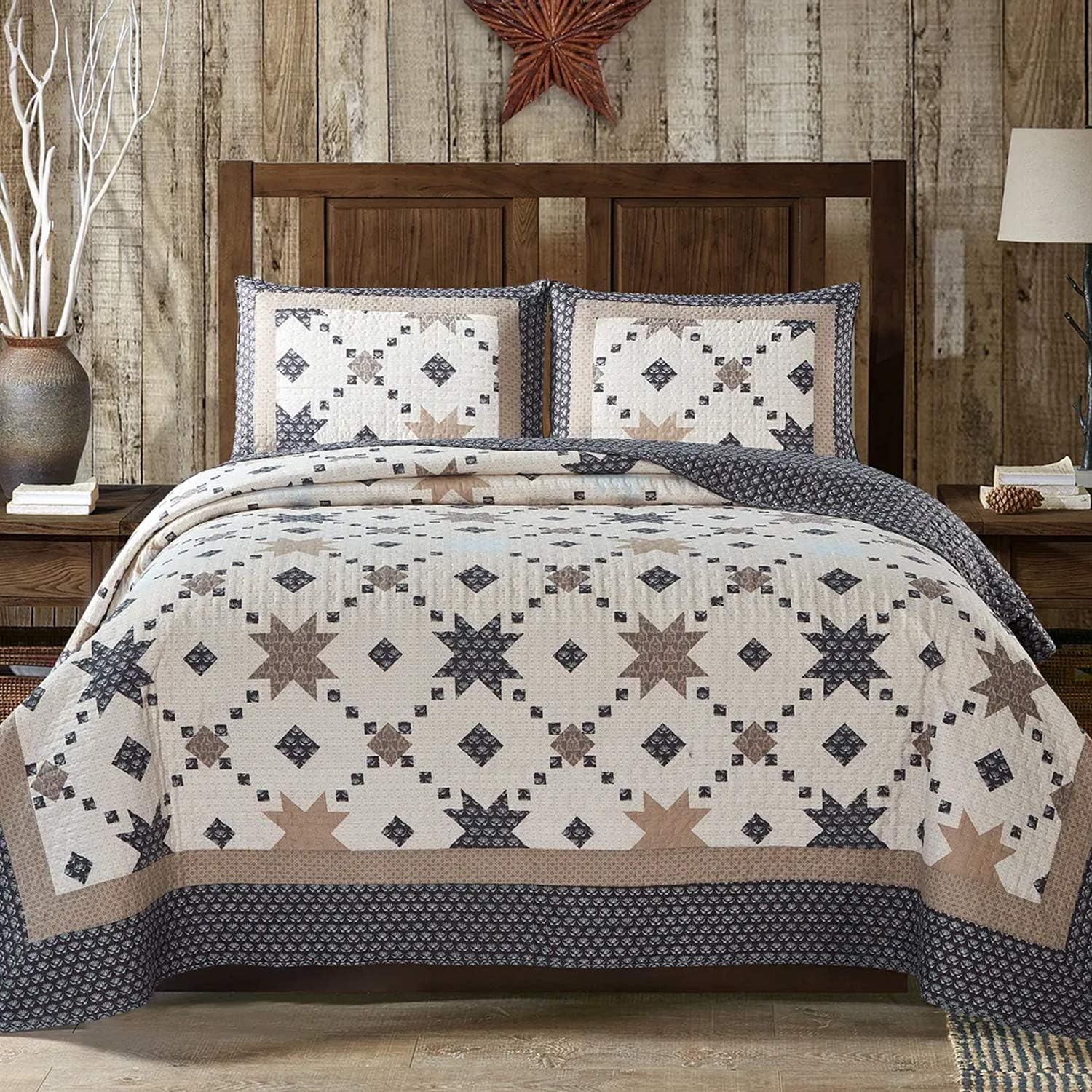 Virah Bella 3 Piece King Cabin Quilt Bedding Set - Midnight Star - Rustic Country Reversible Patchwork Comforter Set with Decorative Pillow Shams