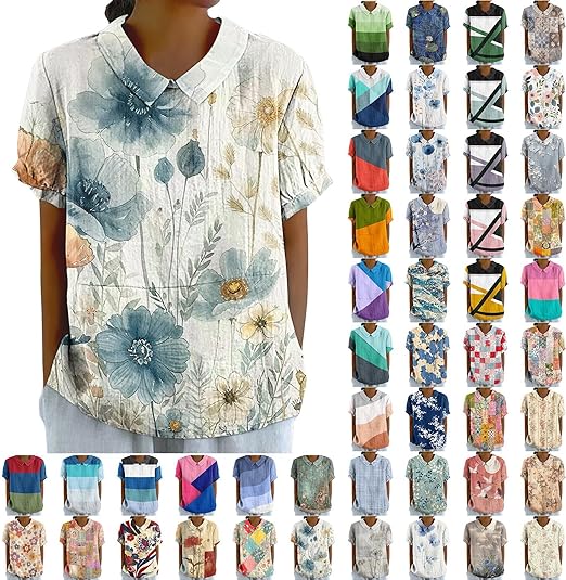 DASAYO Womens Cute Summer Tops and Blouses Peter Pan Collar Puff Short Sleeve Shirts Vintage Floral Loose Fit Linen Tshirt