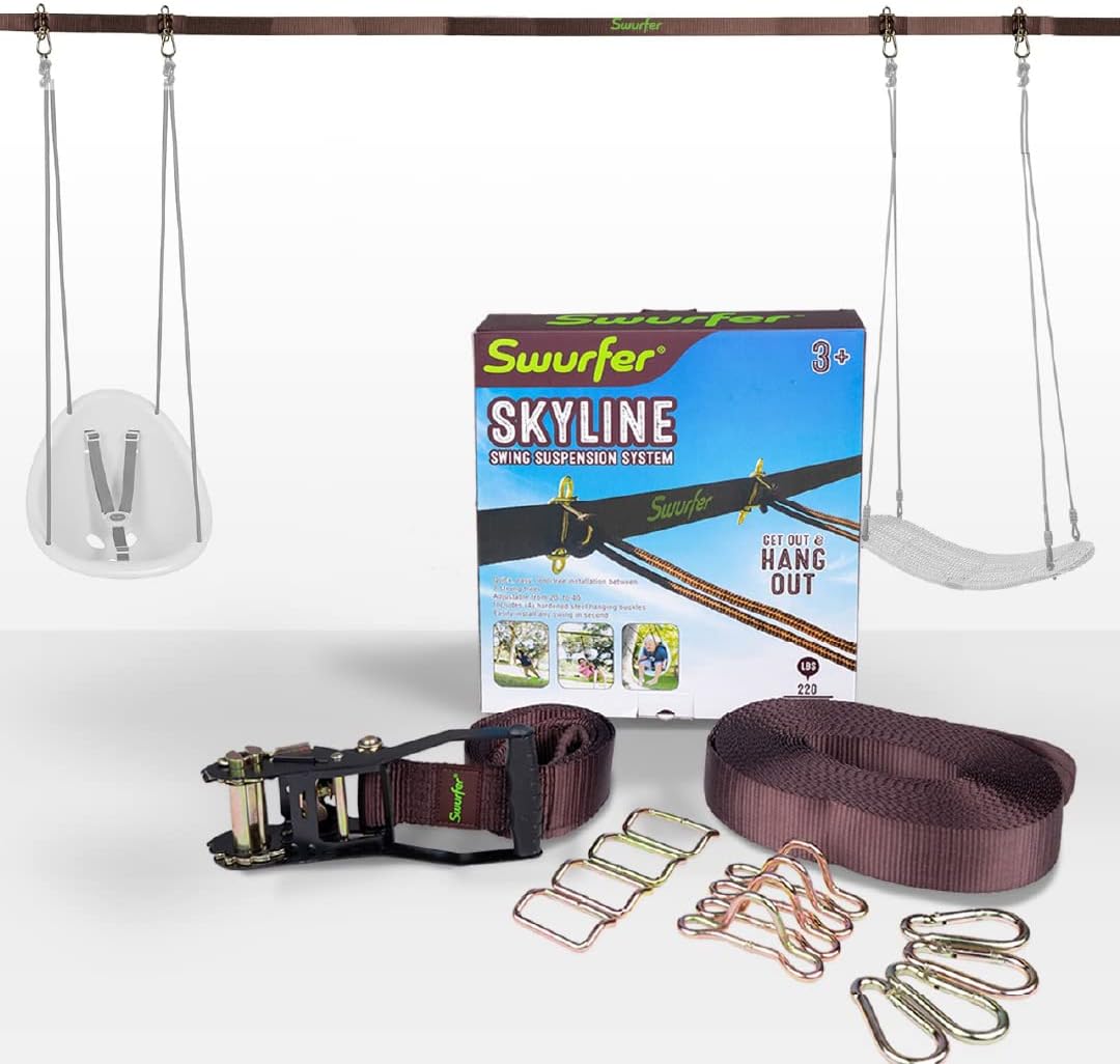 Swurfer Skyline Tree Swing Hanging Kit  Heavy Duty, Weather Resistant, Swing Line to Hang Multiple Swings, Span Up to 40 Feet, Includes 4 Adjustable Locking Anchors & Carabiners, Easy Installation