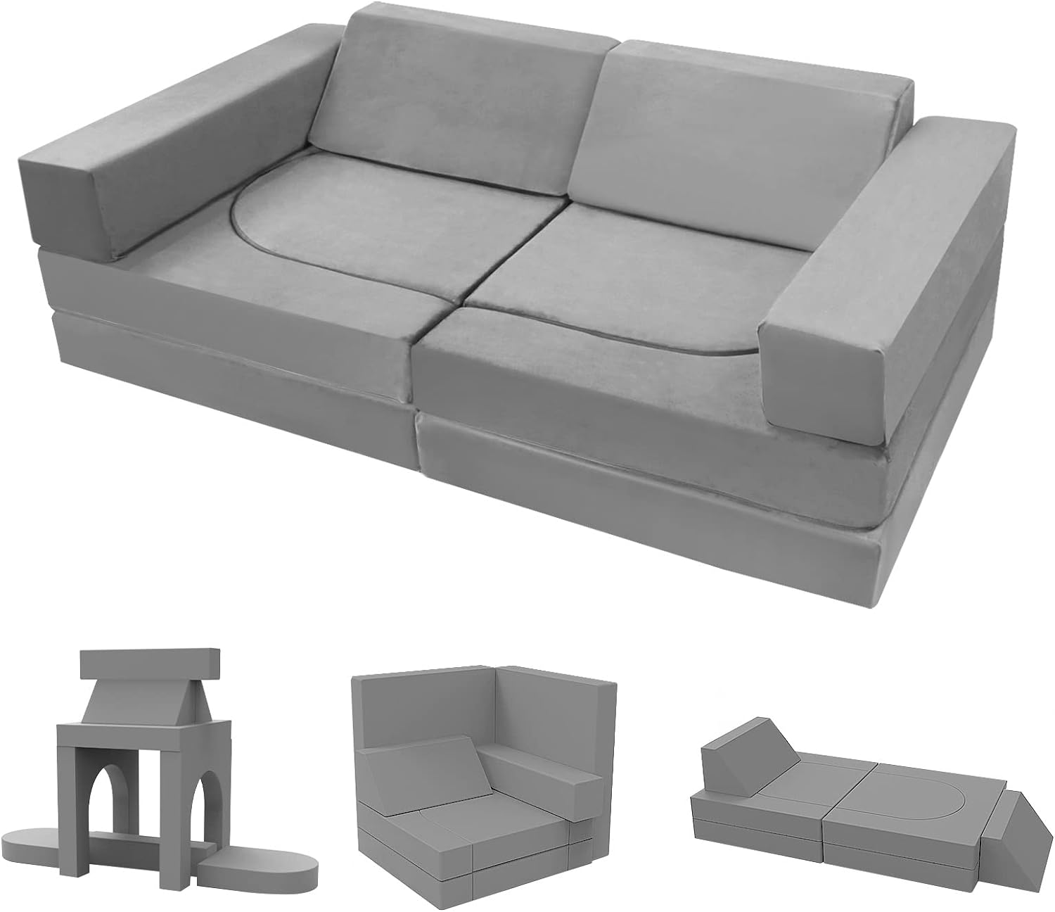 MeMoreCool 10-Pieces Kids Play Sofa, Modular Toddler Couch for Playroom, Fold Out Foam Couch for Girls Boys, Convertible Sectional Playset, Grey