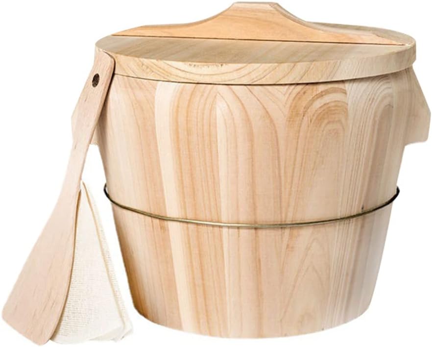 Cabilock 1 Set Wooden Rice Bowl Bucket Wooden Steamed Rice Barrel Handmade Cooking Rice Barrel with Stearmer Liner Lid and Rice Paddle for Home Chinese Restaurant Wood Color