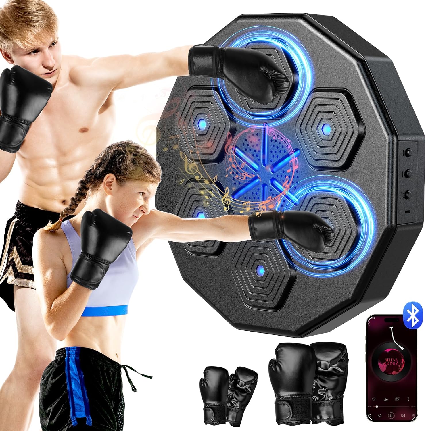 2024 New Music Boxing Machine, Upgraded 2.0 Smart Bluetooth Music Boxing Parent-Child Games, Wall-Mounted Exercise Equipment for Home Exercise New Fitness, Black